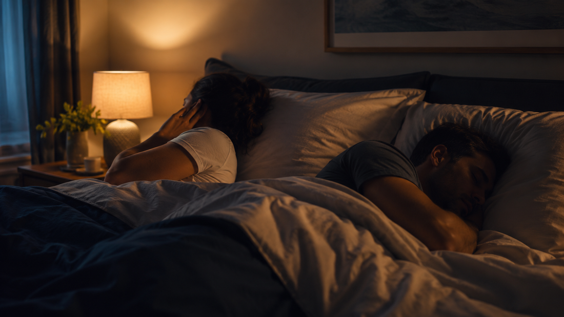couple disrupted by nighttime snoring in bed